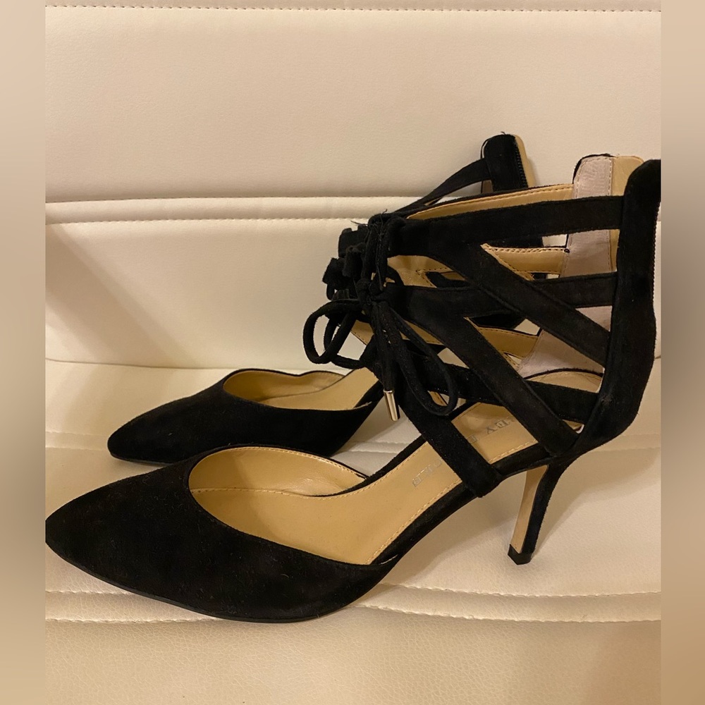 Black faux suede pumps